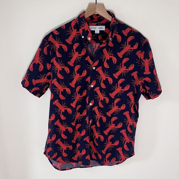 Old Navy Shirt Men's Medium Red Lobster Button Up Navy Blue Patriotic - Picture 1 of 7